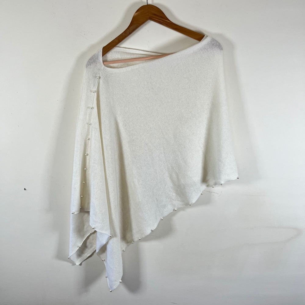 Alashan 100% Cashmere Pearl Beaded Knit Poncho Shawl White Asymmetrical One Size